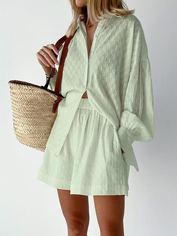 Jacquard Puff Sleeve Top Shorts Commuting Casual Suit