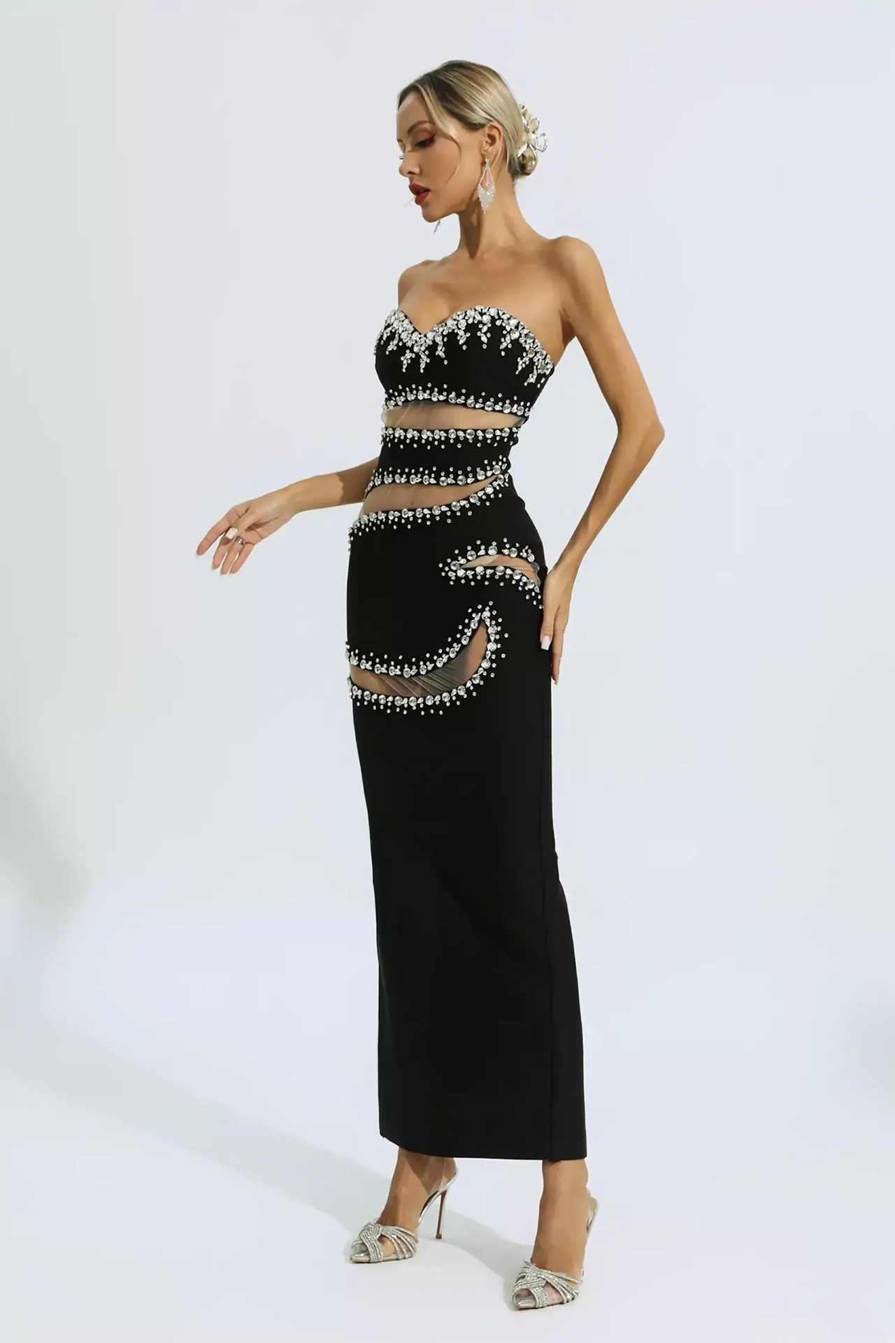 Nala Beading Mesh Bandage Dress In Black