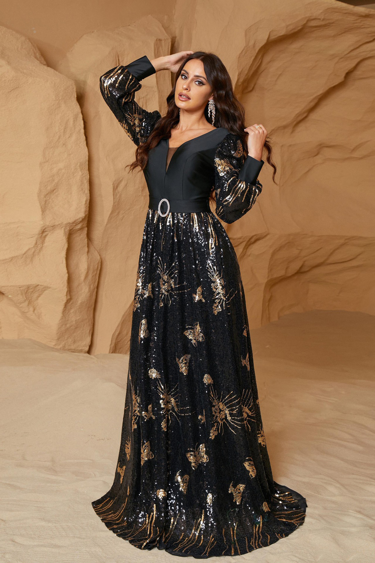 Eden Long Sleeve Sequined Dress In Black