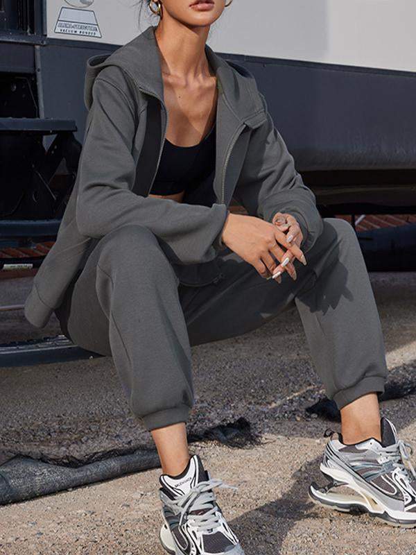 Women's solid color hooded long-sleeved ankle set sports two-piece set