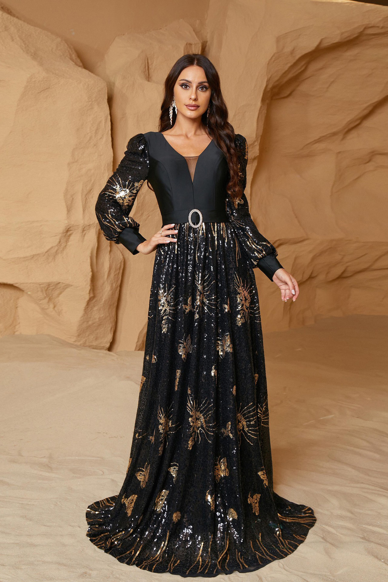 Eden Long Sleeve Sequined Dress In Black