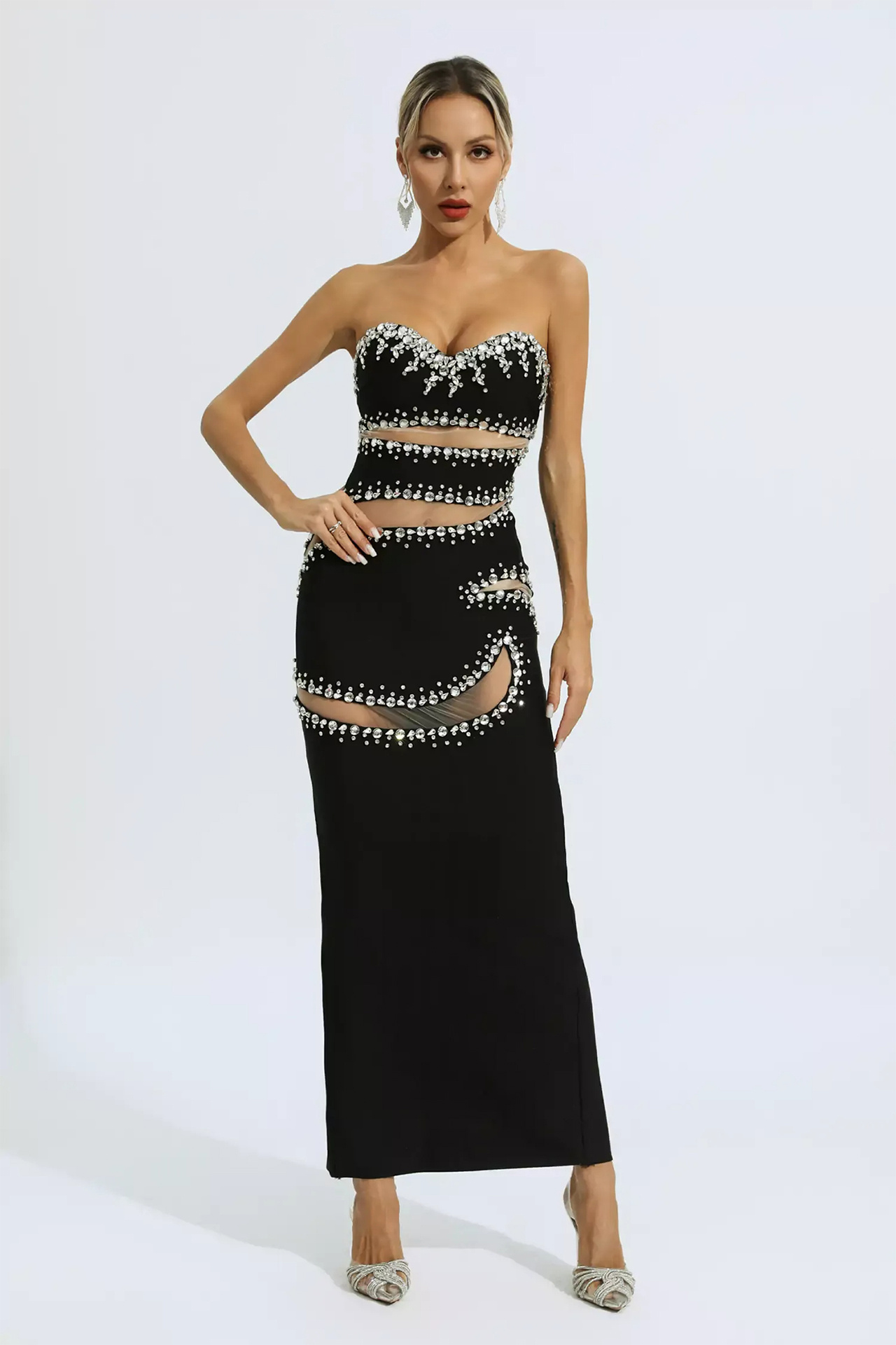 Nala Beading Mesh Bandage Dress In Black