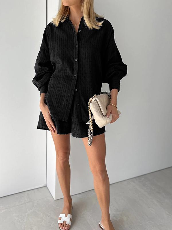 Jacquard Puff Sleeve Top Shorts Commuting Casual Suit