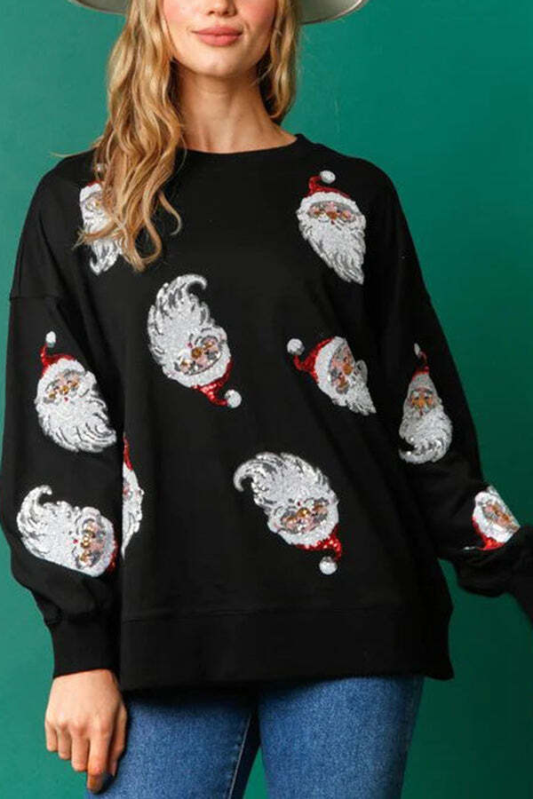 Santa Honey Sequin Christmas Pattern Loose Sweatshirt