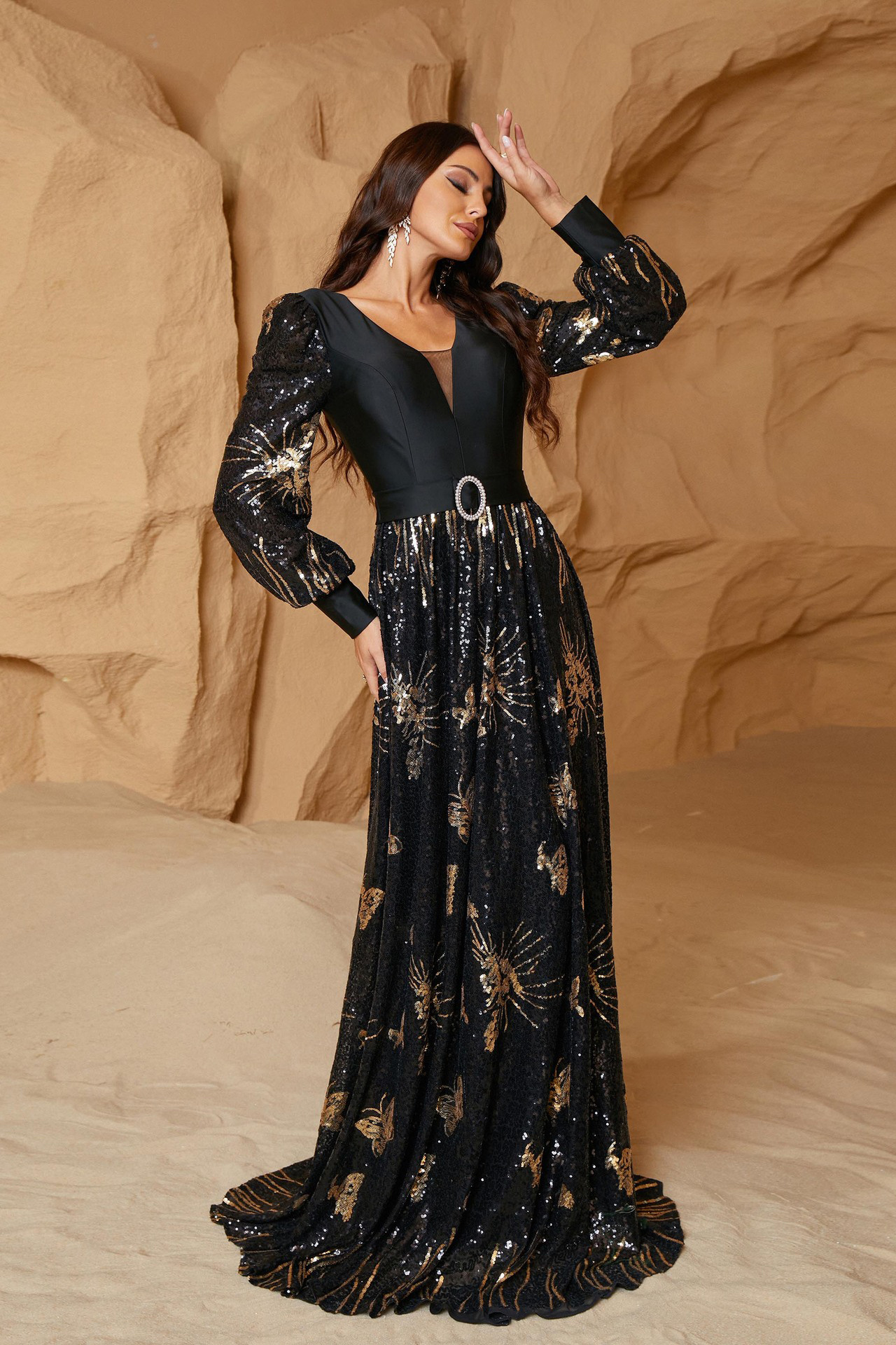 Eden Long Sleeve Sequined Dress In Black