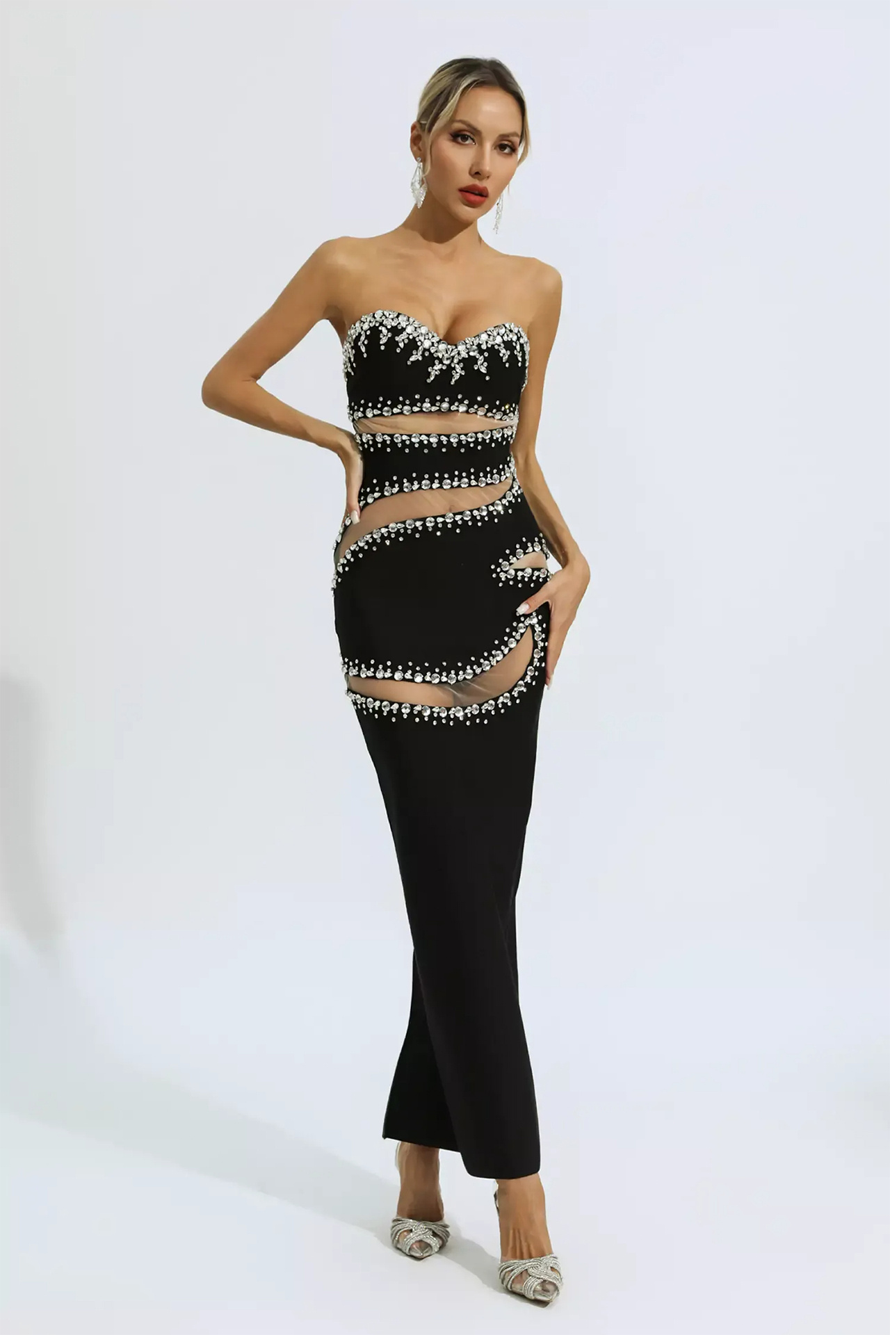 Nala Beading Mesh Bandage Dress In Black