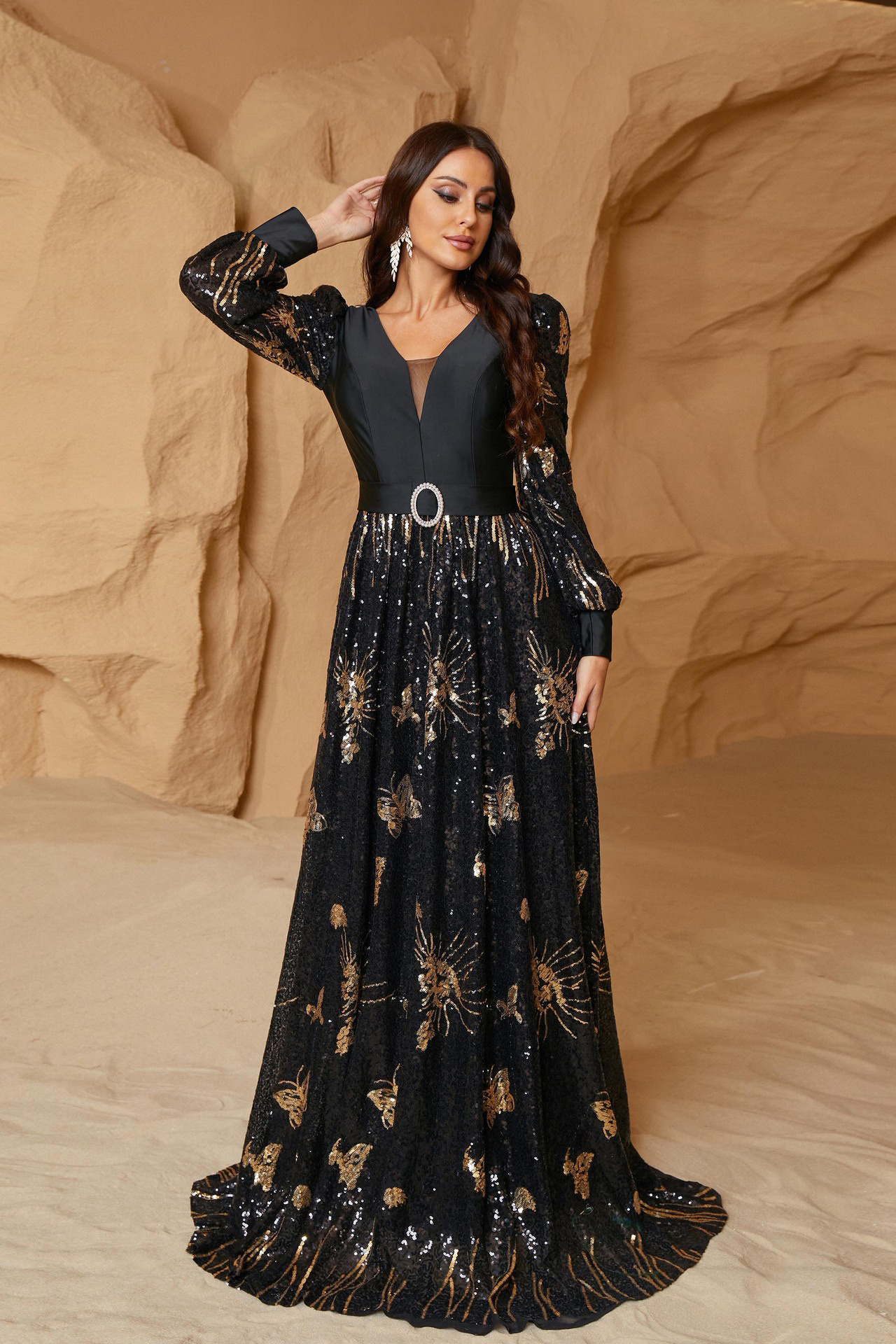 Eden Long Sleeve Sequined Dress In Black