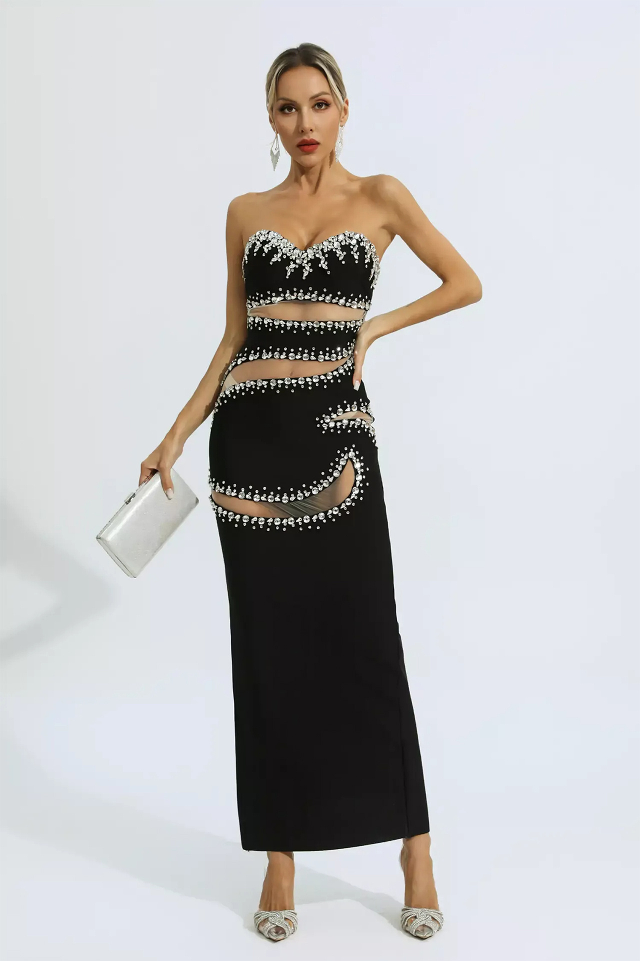 Nala Beading Mesh Bandage Dress In Black