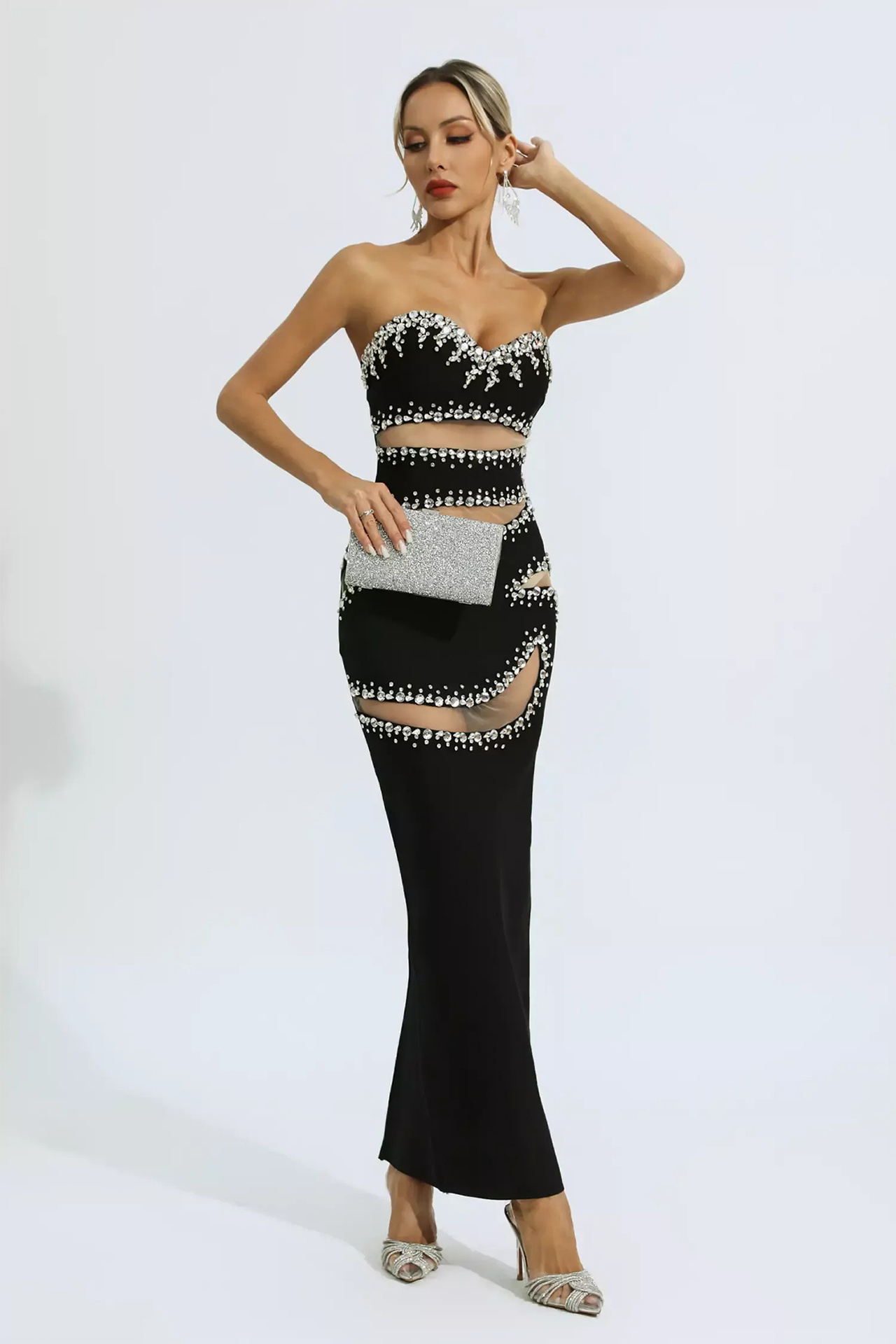 Nala Beading Mesh Bandage Dress In Black