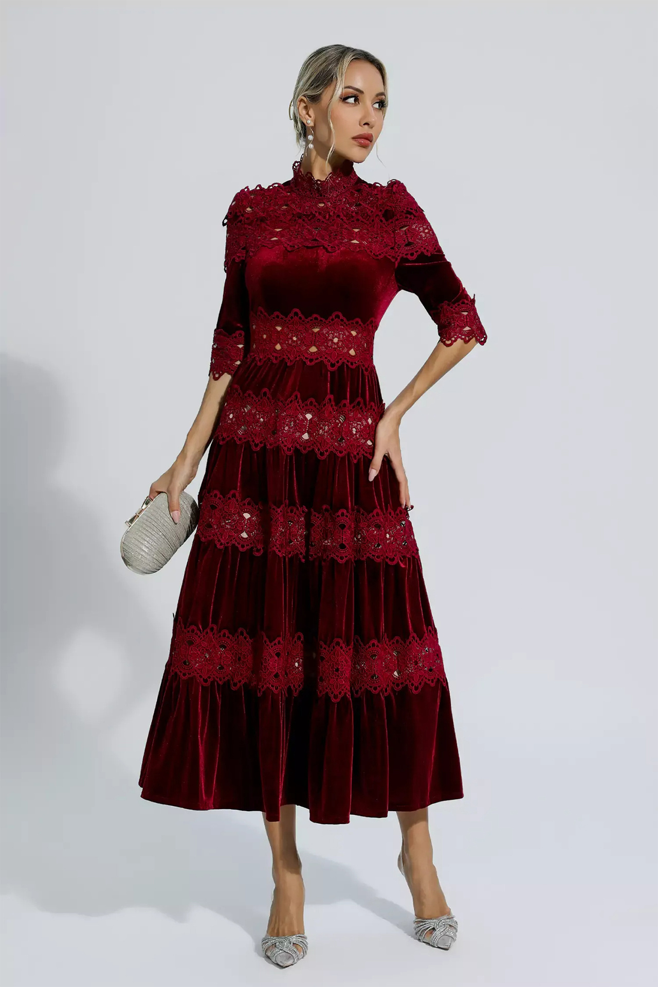 Henley Cut Out Long Sleeve Dress In Wine Red