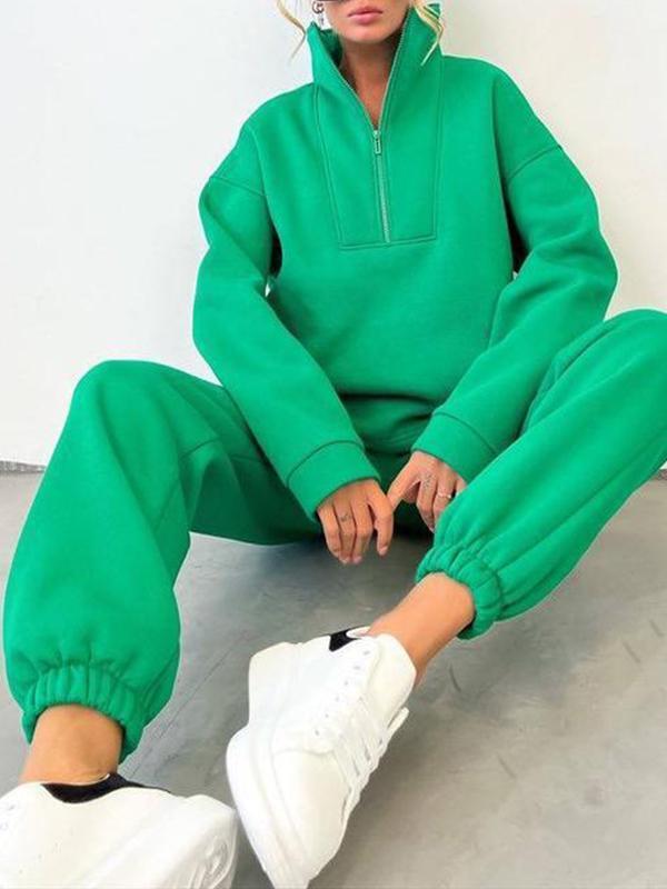 Women's long-sleeved stand-up collar zipper sportswear casual two-piece set