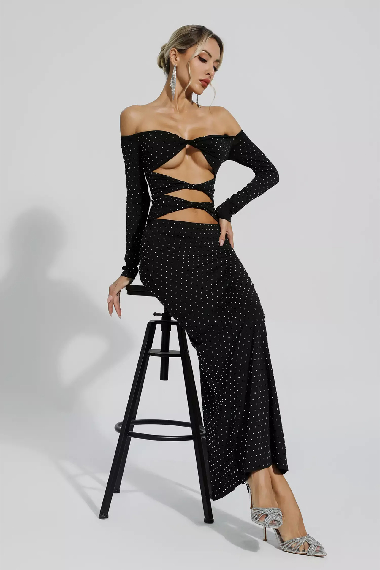 Kataleya Diamond Embellishment Cut Out Dress In Black