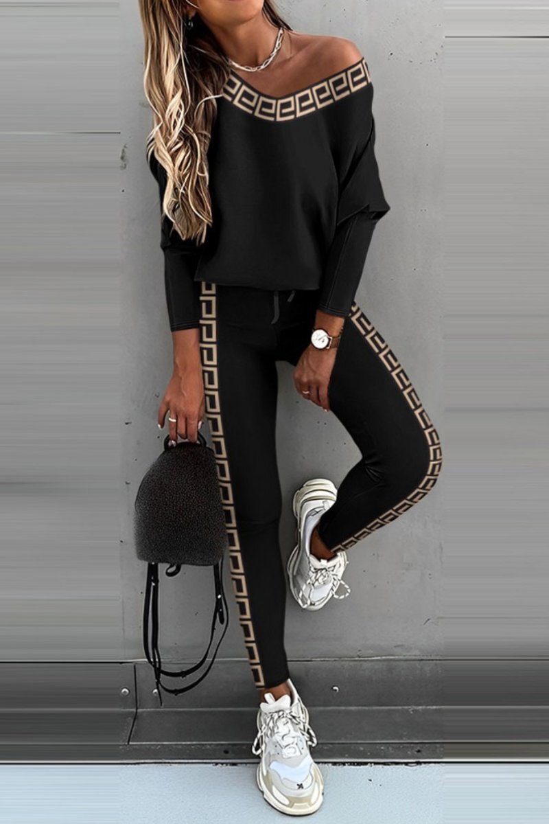 Color Block Long Sleeve Tops and Trousers Suit